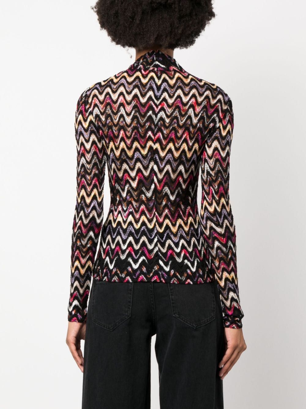 Zigzag Woven Design High-Neck Top in Black/Multicolor