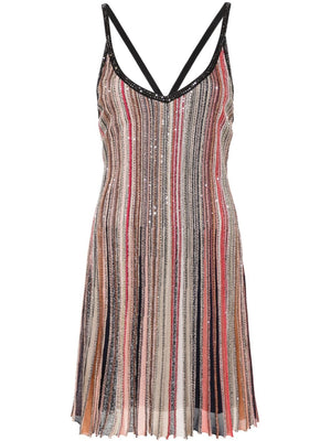 MISSONI Multicolor Striped Sequin Dress with Plunging V-Neck and Criss-Cross Straps