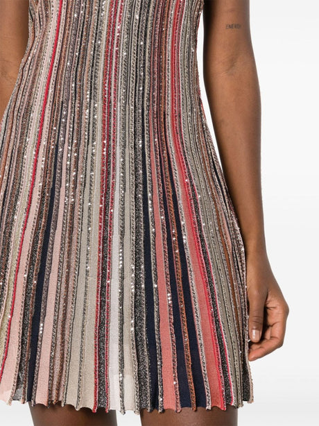 MISSONI Multicolor Striped Sequin Dress with Plunging V-Neck and Criss-Cross Straps