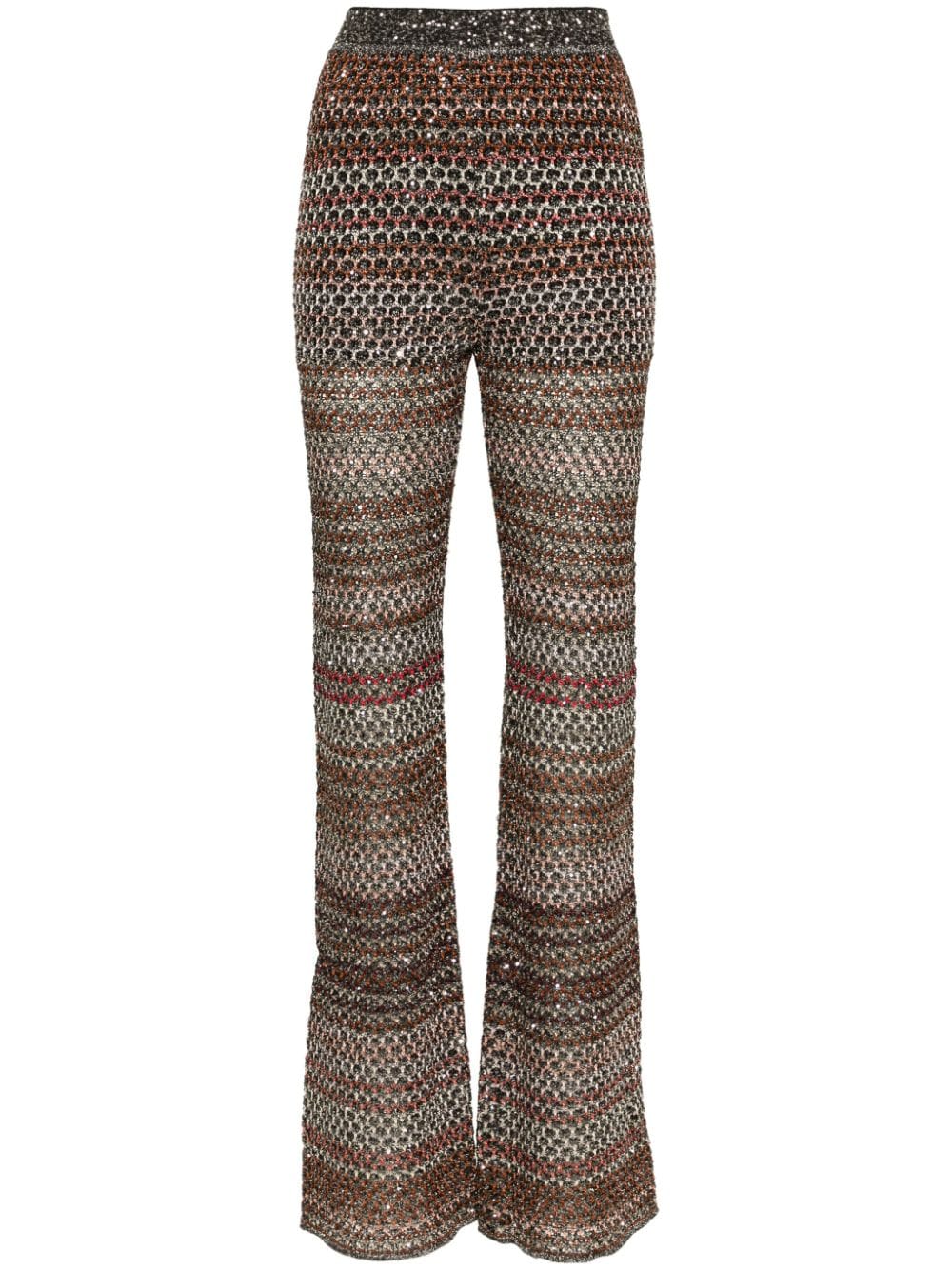 Flared Trousers: Black & Multicolor Metallic Honeycomb Knit & Sequin Embellished for Women