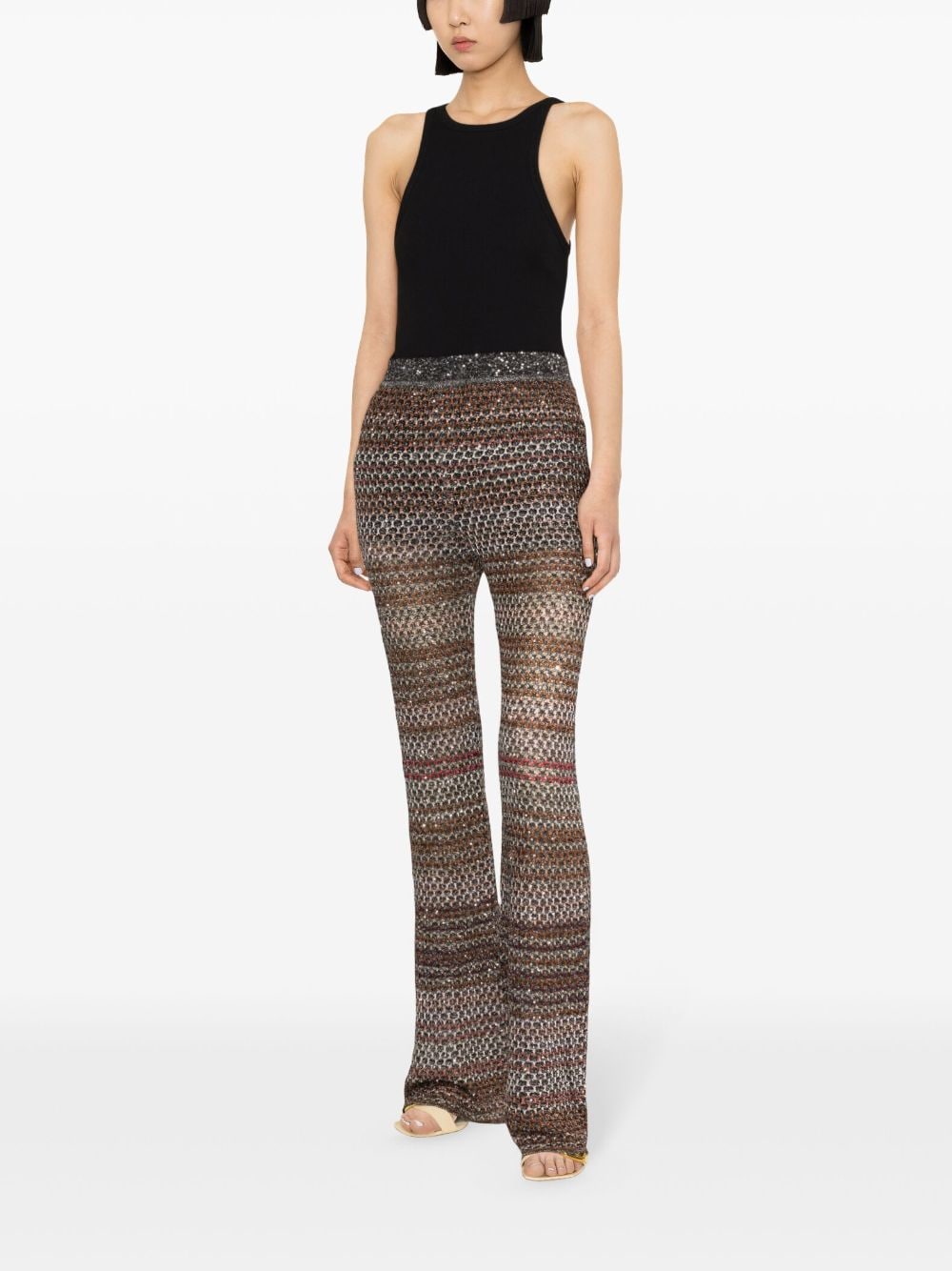 Flared Trousers: Black & Multicolor Metallic Honeycomb Knit & Sequin Embellished for Women