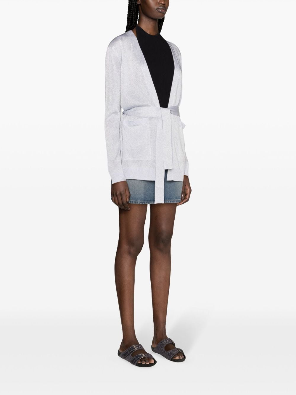 Áo len mỏng màu bạc với dây thắt eo tháo rời cho phụ nữ mùa hè 2024