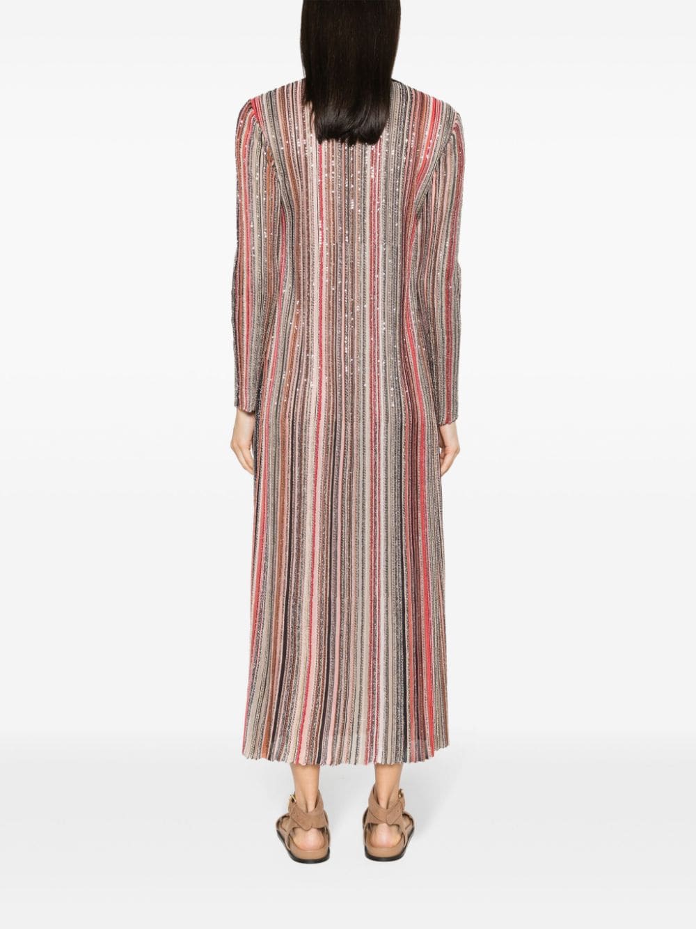 Striped Long Cardigan with Metallic Threading and Sequin Embellishment