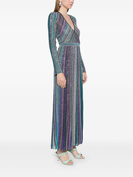 MISSONI Teal Blue Striped Sequin V-Neck Dress