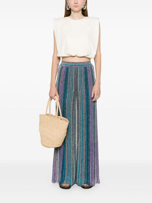 MISSONI Teal Blue Striped Sequin Wide-Leg Trousers