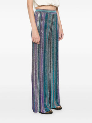 MISSONI Teal Blue Striped Sequin Wide-Leg Trousers