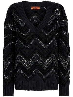 MISSONI Plunging V-Neck Knit Sweater with Sequin Detail