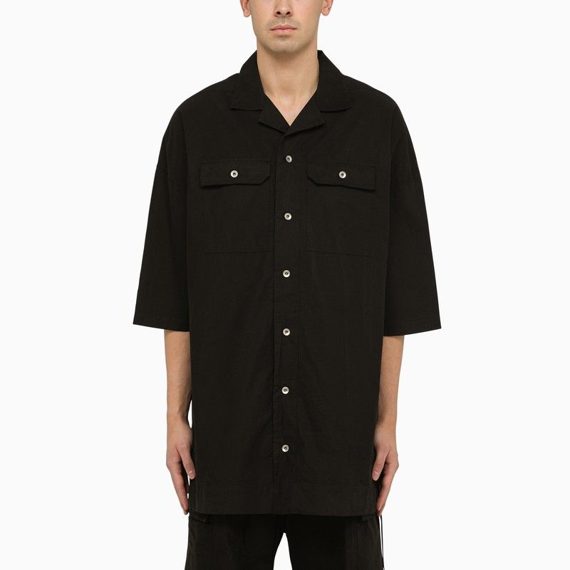 男士黑色棉質開襟上衣 - 短袖設計、紐扣門襟、胸前雙口袋