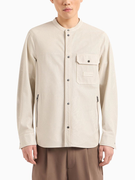 EMPORIO ARMANI Men's Beige Perforated Collarless Shirt for SS24