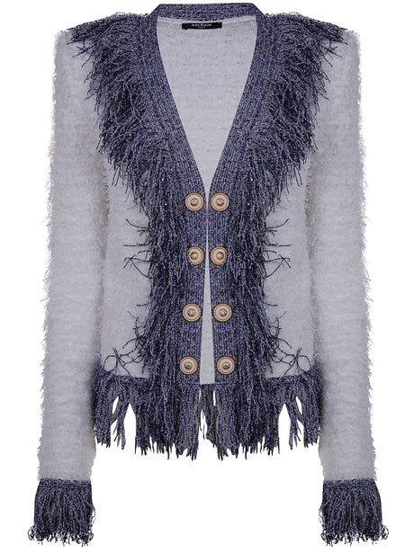 BALMAIN Collarless Glittered Fringed Mini Tweed Jacket