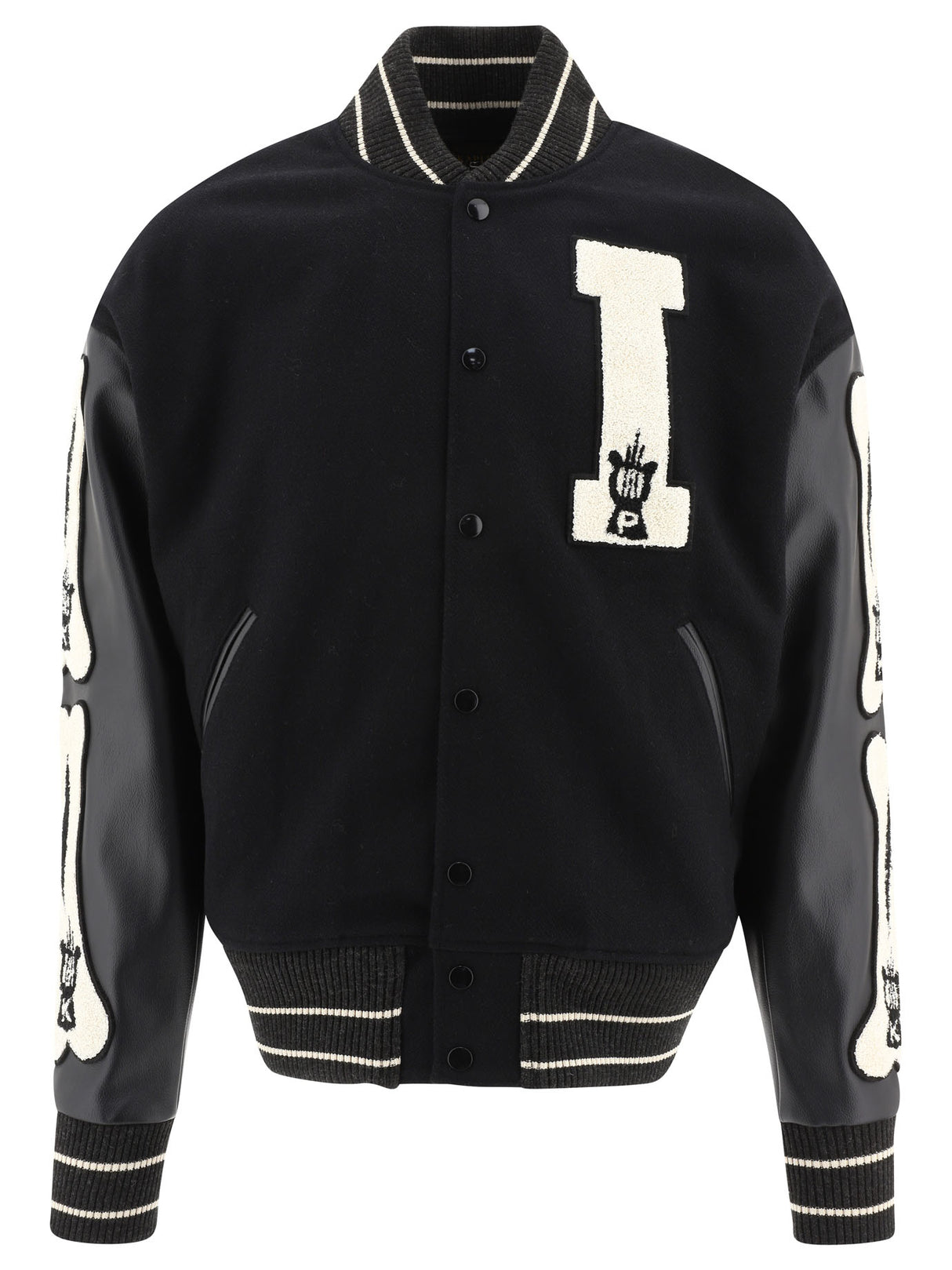 KAPITAL I-Five Classic Black Wool Varsity Bomber Jacket