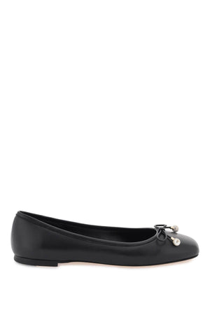 Elegant Black Leather Ballerina Flats for Women with Crystal-Embellished Pearls and Logo Detail