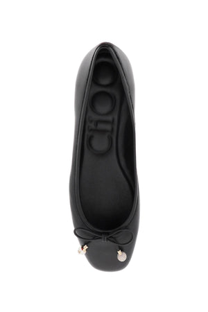 Elegant Black Leather Ballerina Flats for Women with Crystal-Embellished Pearls and Logo Detail