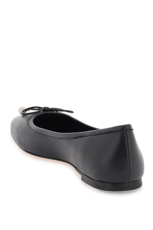 Elegant Black Leather Ballerina Flats for Women with Crystal-Embellished Pearls and Logo Detail