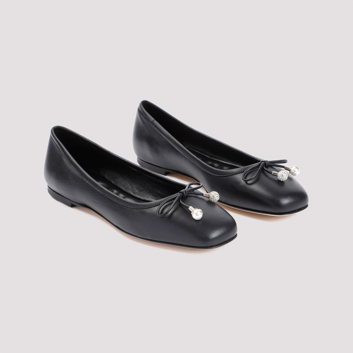 Elegant Black Leather Ballerina Flats for Women with Crystal-Embellished Pearls and Logo Detail