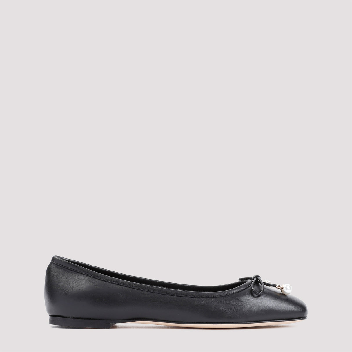 Elegant Black Leather Ballerina Flats for Women with Crystal-Embellished Pearls and Logo Detail