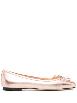 Powder Pink Leather Metallic Flats with Bow Detailing and Square Toe