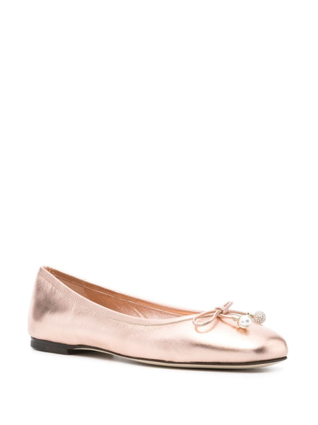 Powder Pink Leather Metallic Flats with Bow Detailing and Square Toe