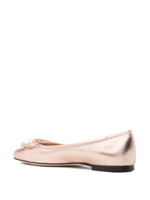 Powder Pink Leather Metallic Flats with Bow Detailing and Square Toe