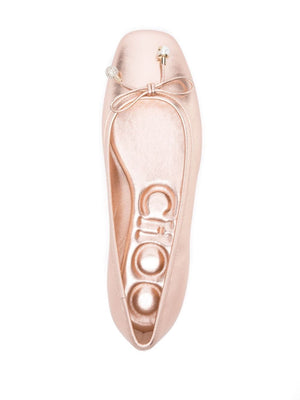 Powder Pink Leather Metallic Flats with Bow Detailing and Square Toe