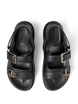 JIMMY CHOO Black Caged Flat Leather Sandals for Women with Slingback Strap