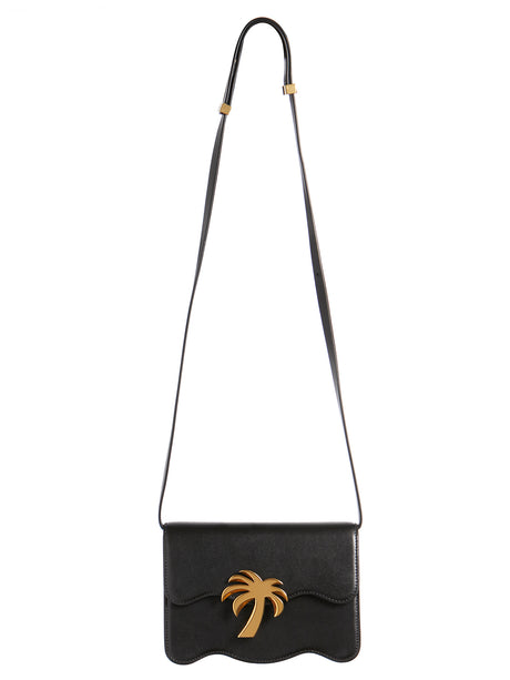 Túi xách đeo vai da màu đen có khóa kim loại và logo in ấn từ Palm Angels