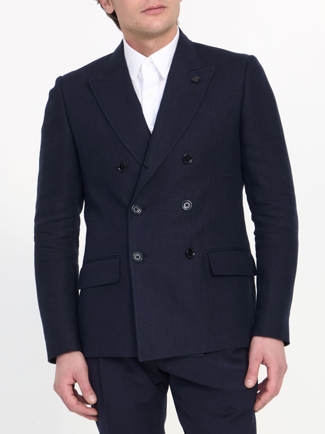 男士藍色亞麻雙排扣西裝外套 | 正常版型 | 48號