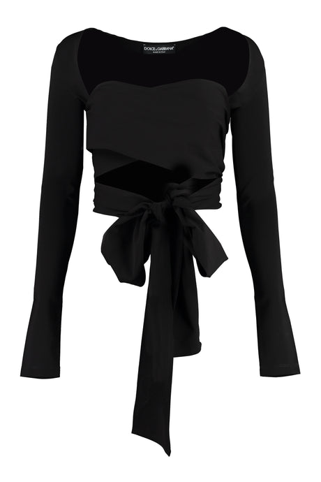 DOLCE & GABBANA Sleek Black Long Sleeve Crop Top with Bow Detail