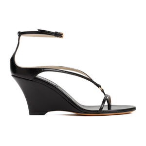 KHAITE Black Leather Ankle Strap Wedge Sandals for Women | SS24 Collection