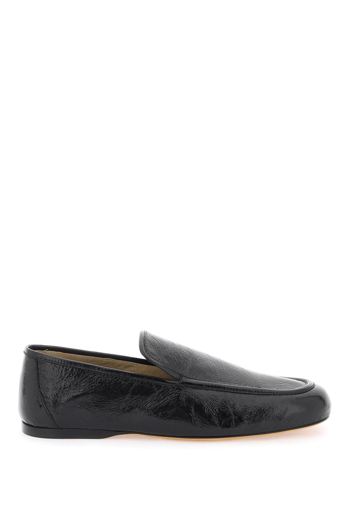 Glossy Black Leather Loafers with Crinkled Effect for Women