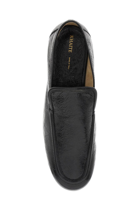 KHAITE Glossy Black Leather Loafers with Crinkled Effect for Women