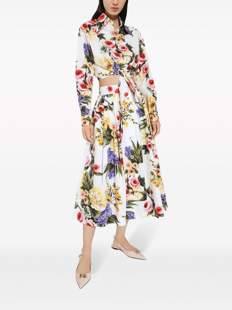 Multicolor Garden-Print Cotton Poplin Midi Circle Skirt for Women