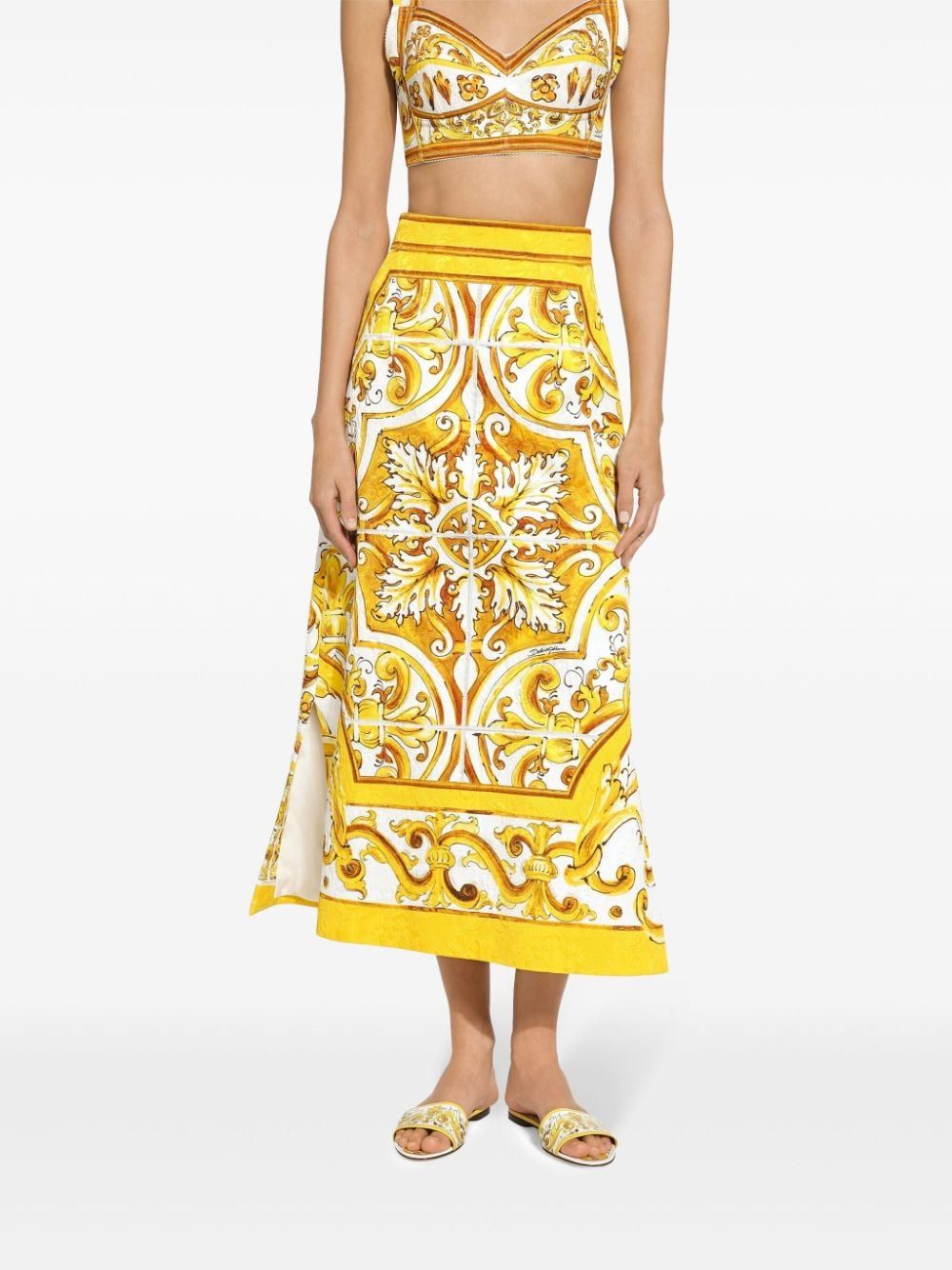 DOLCE & GABBANA Brocade Majolica Print Leather Length Skirt