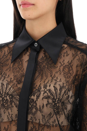 Floral Chantilly Lace Shirt with Silk-Satin Detailing for Women