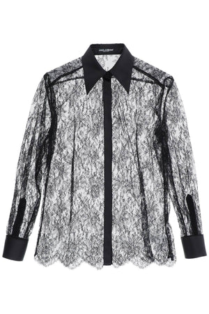 Floral Chantilly Lace Shirt with Silk-Satin Detailing for Women