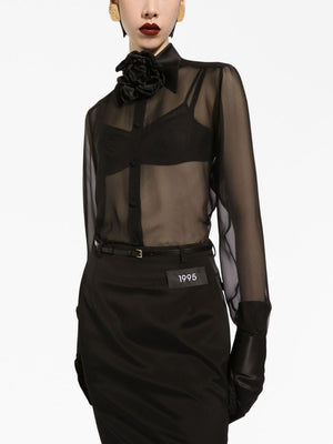 Sheer Mesh Black Shirt with Floral Appliqué and Long Sleeves