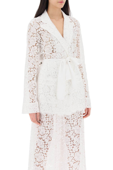 DOLCE & GABBANA White Lace Jacket with Waist Belt and Lapel Collar