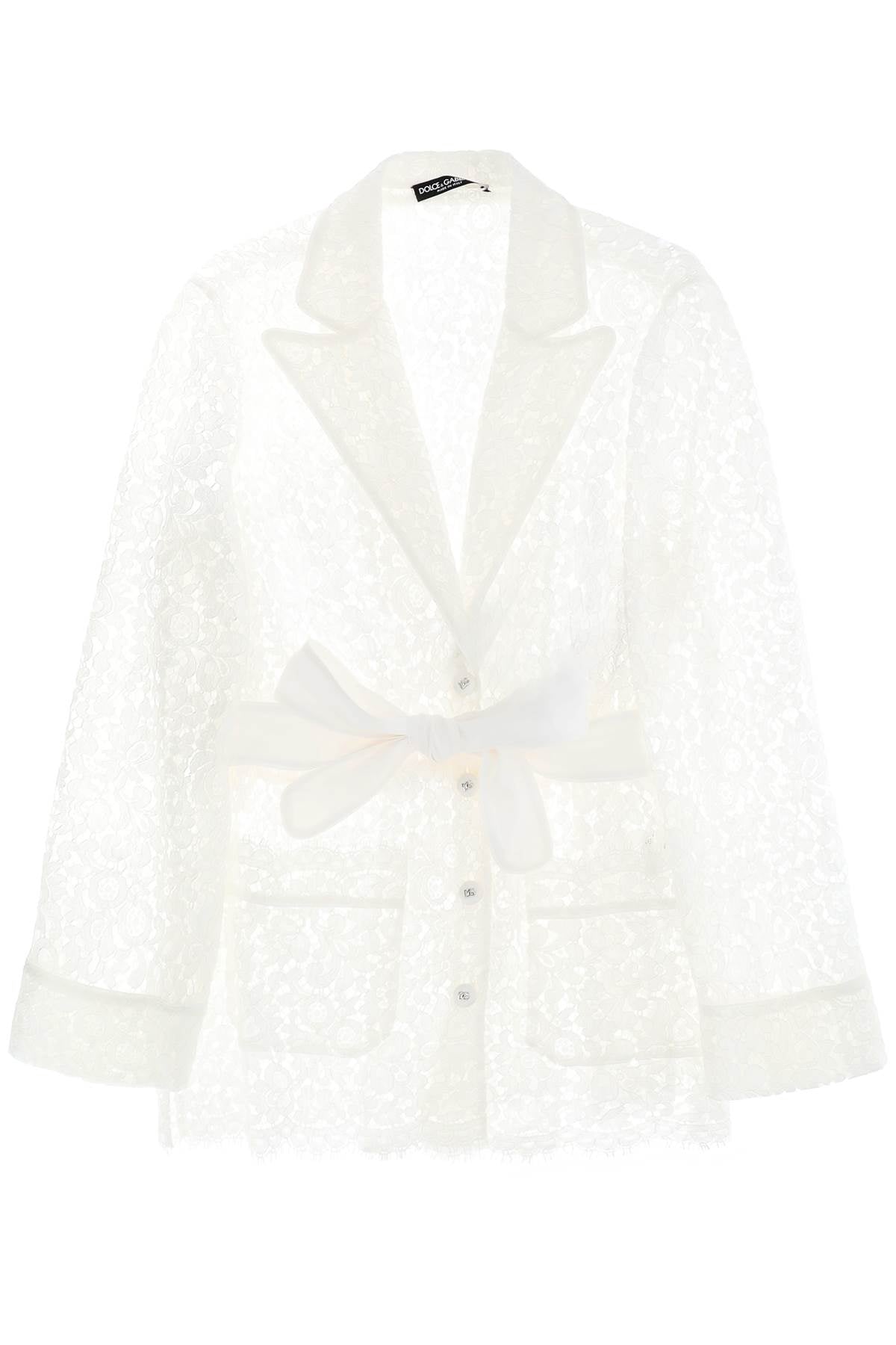 DOLCE & GABBANA White Lace Jacket with Waist Belt and Lapel Collar