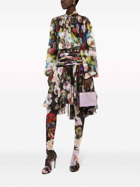 DOLCE & GABBANA Sophisticated Floral Print Silk Blouse with Attached Scarf and Long Puff Sleeves