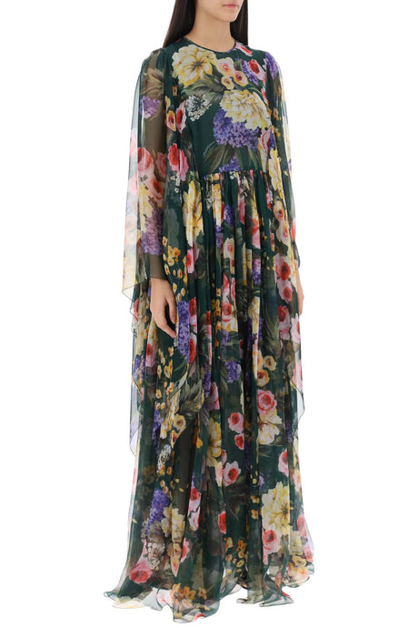 DOLCE & GABBANA Floral Garden Print Maxi Dress for Women - Long Sleeves, Asymmetrical Design