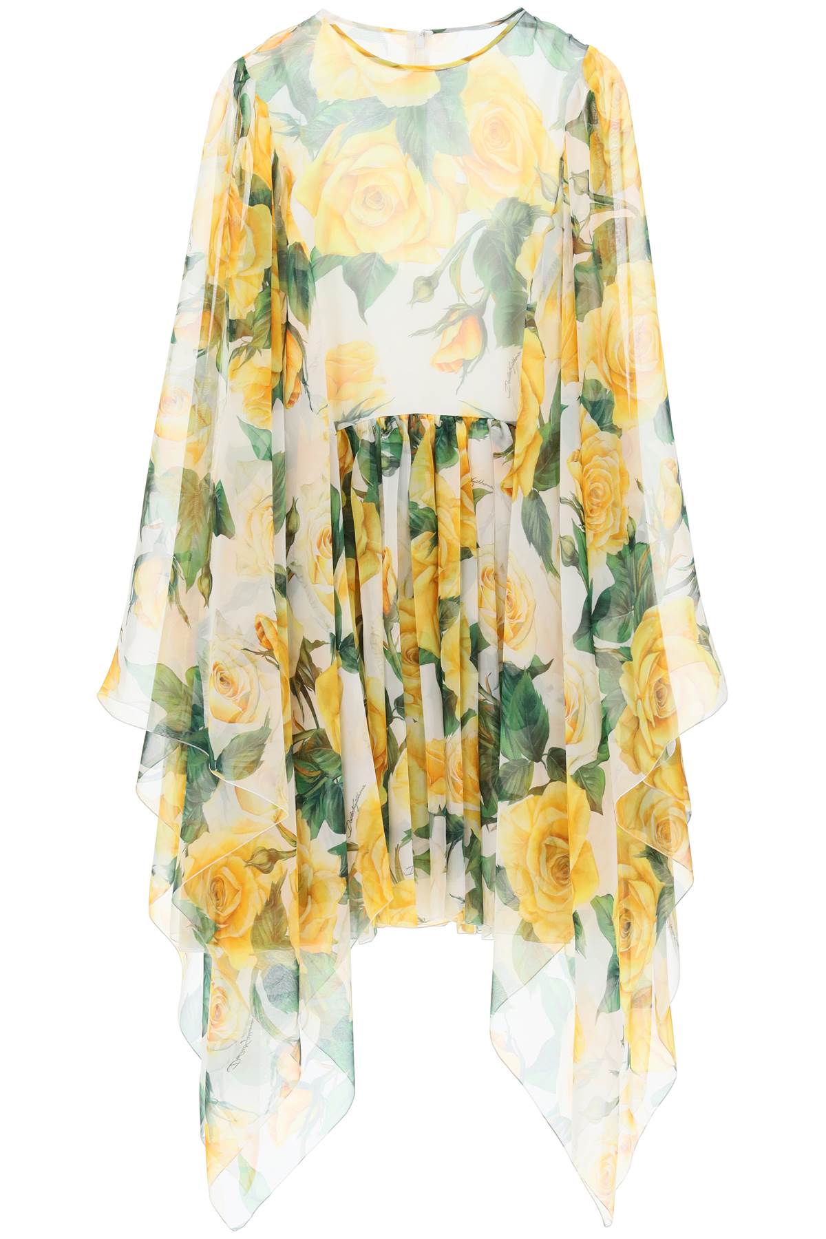 DOLCE & GABBANA Mini Silk Chiffon Dress with Yellow Rose Print