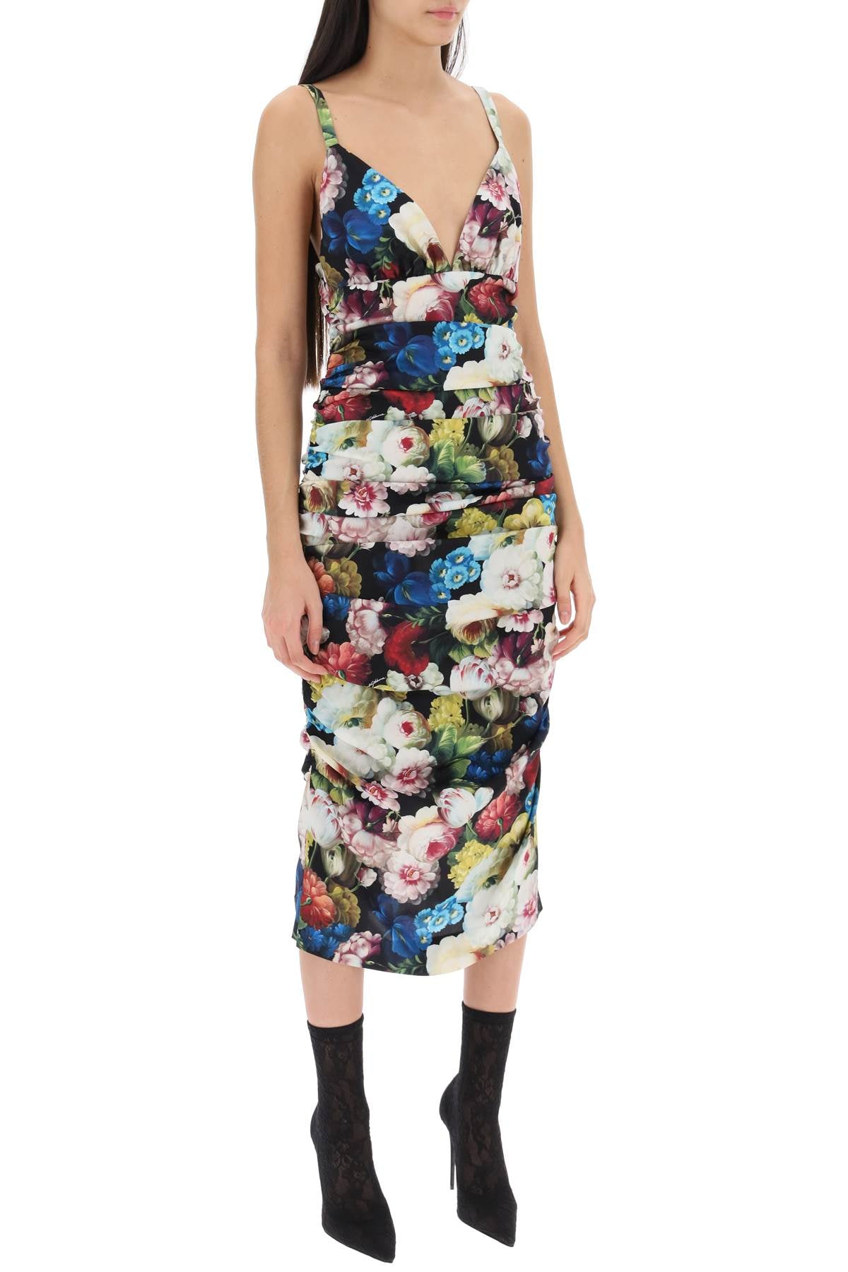 Floral Print Draped Midi Dress for Women in Multicolor