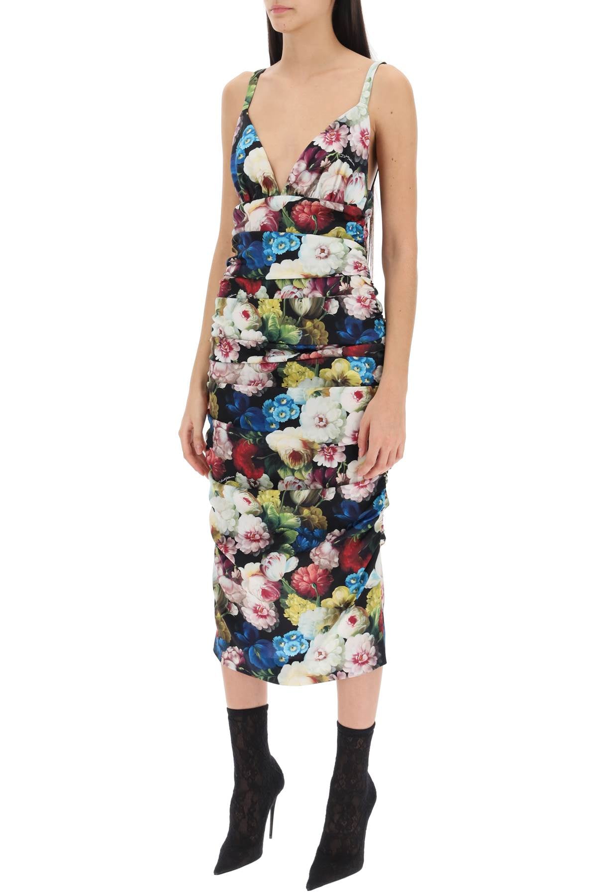 Floral Print Draped Midi Dress for Women in Multicolor