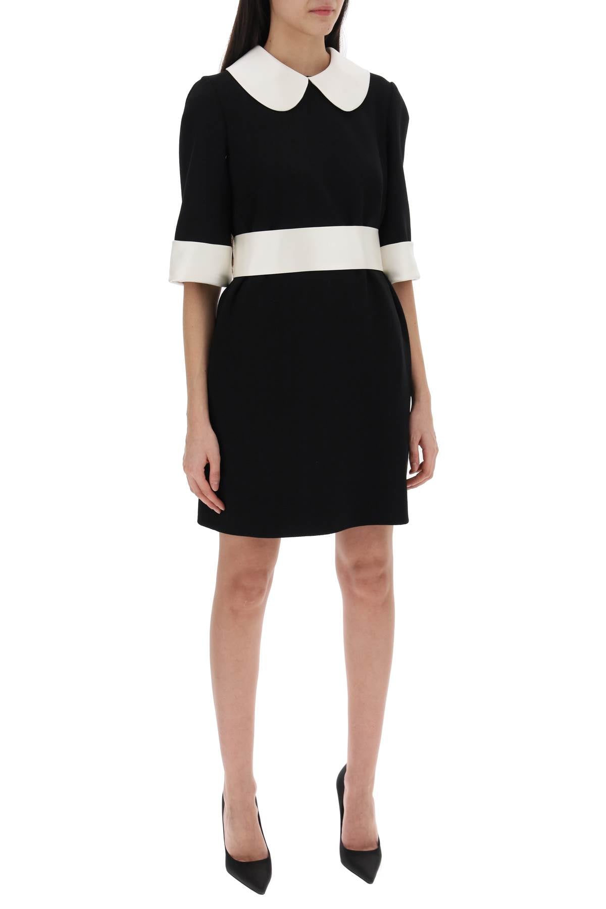 Elegant Black Wool Dress with Peter Pan Collar and Snap-Button Belt