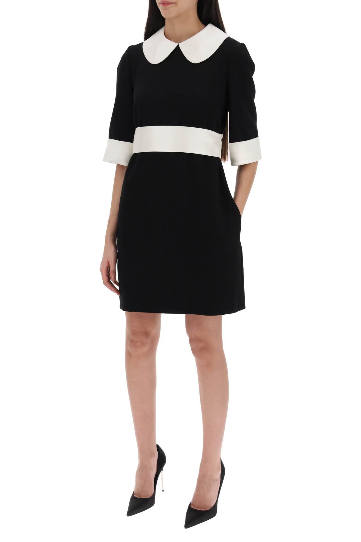 Elegant Black Wool Dress with Peter Pan Collar and Snap-Button Belt