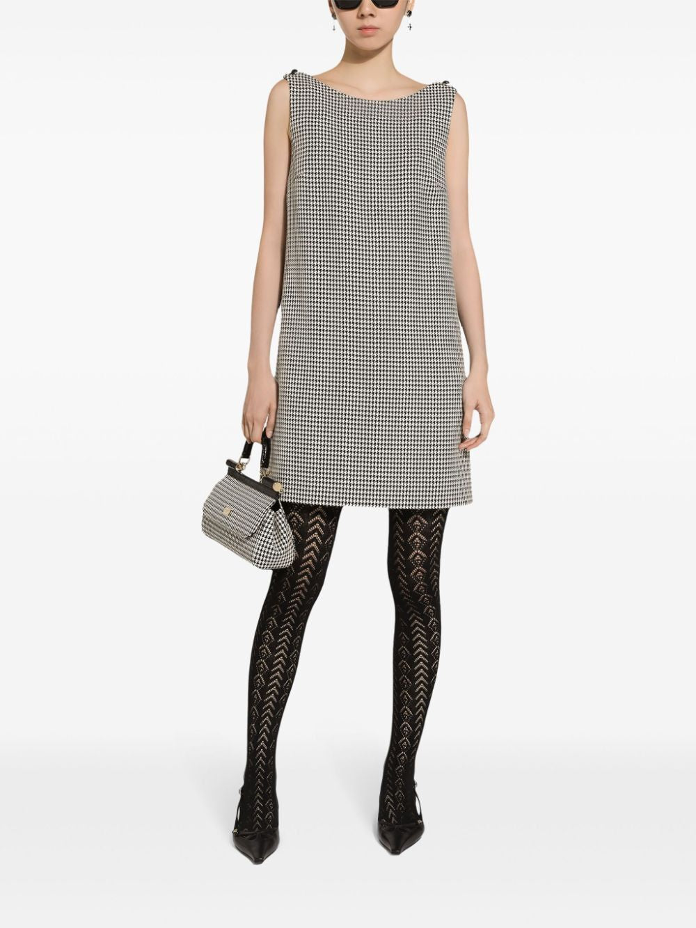 DOLCE & GABBANA Virgin Wool Dress with Open Back and Houndstooth Pattern