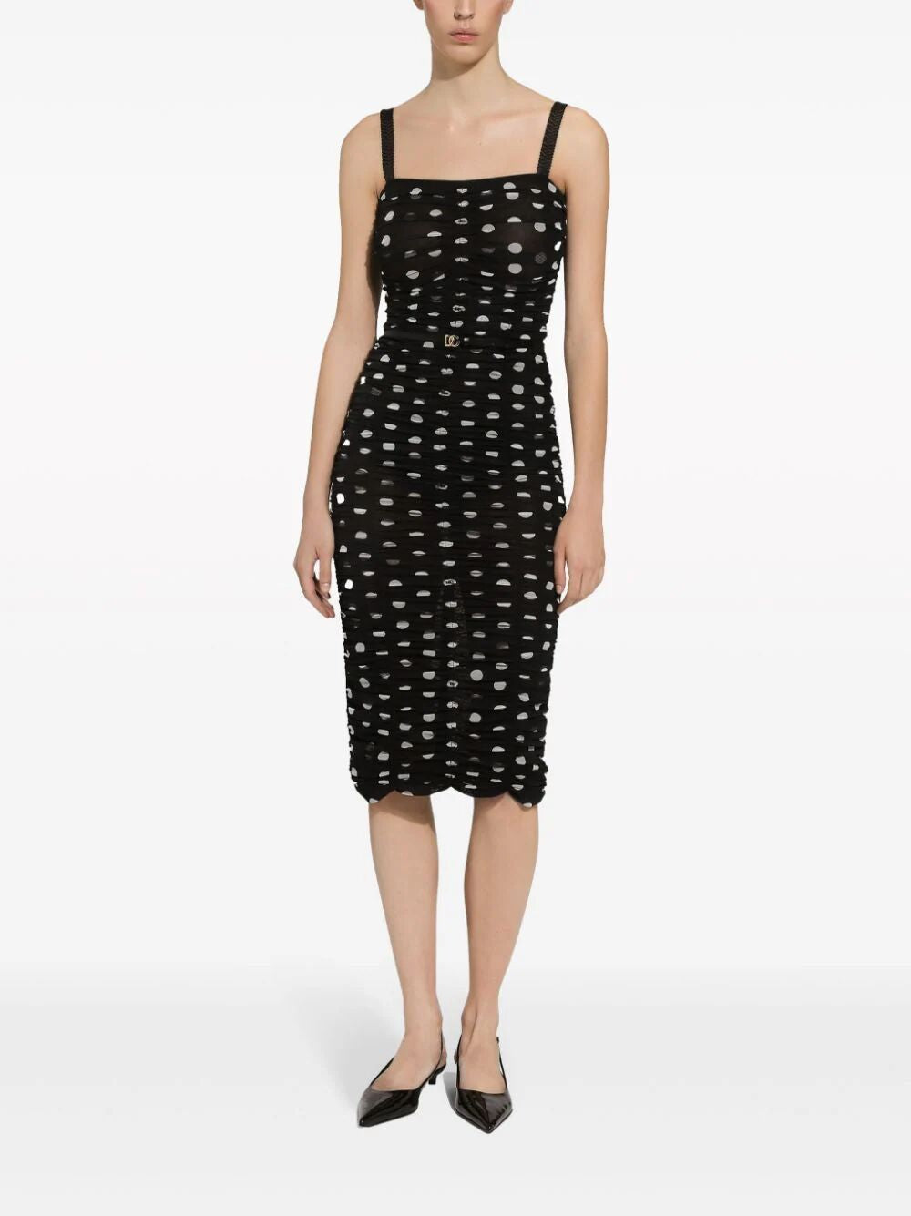 DOLCE & GABBANA Elegant Black Polka Dot Midi Dress