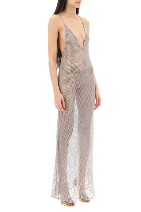 GANNI Sparkling Silver Mesh Dress with Iridescent Crystals - SS23