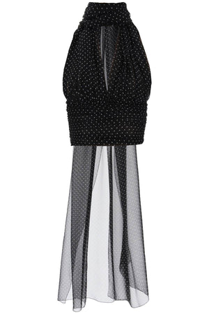 DOLCE & GABBANA Elegant Black and White Polka-Dot Chiffon Top with Scarf Detail