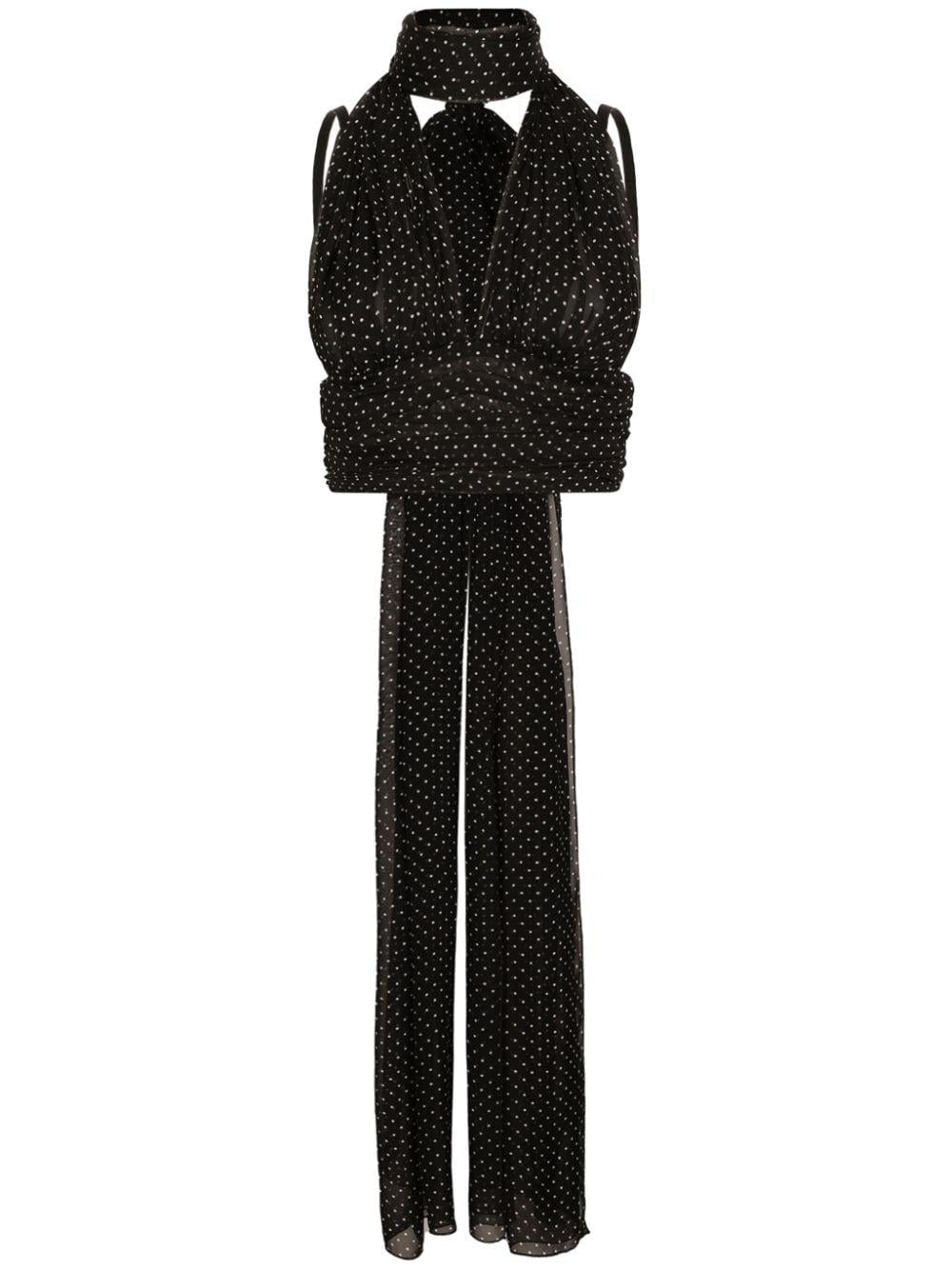 DOLCE & GABBANA Elegant Black and White Polka-Dot Chiffon Top with Scarf Detail